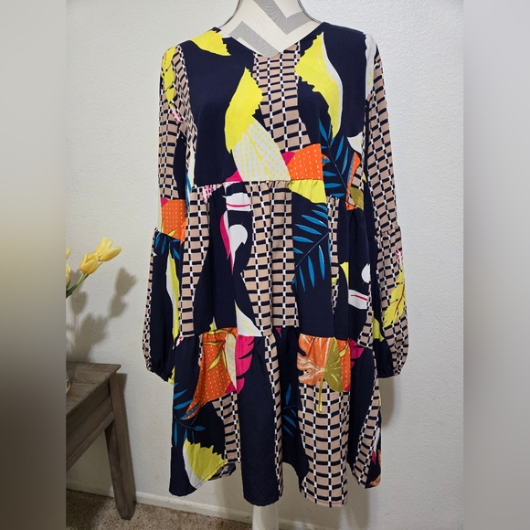 unbranded Dresses & Skirts - Tropical Leaf Geometric Print Boho Babydoll Dress Puffy Long Sleeves, XL